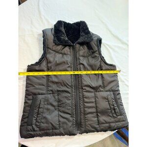 KC Collections Womens Black Reversible Faux Fur Vest 1X Zipper Front Two Pockets